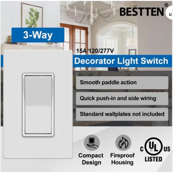 Bestten 10 Pack 3-Way Rocker Light Switch Model USP-LS03N White 15A 120/277V - Picture 3 of 9